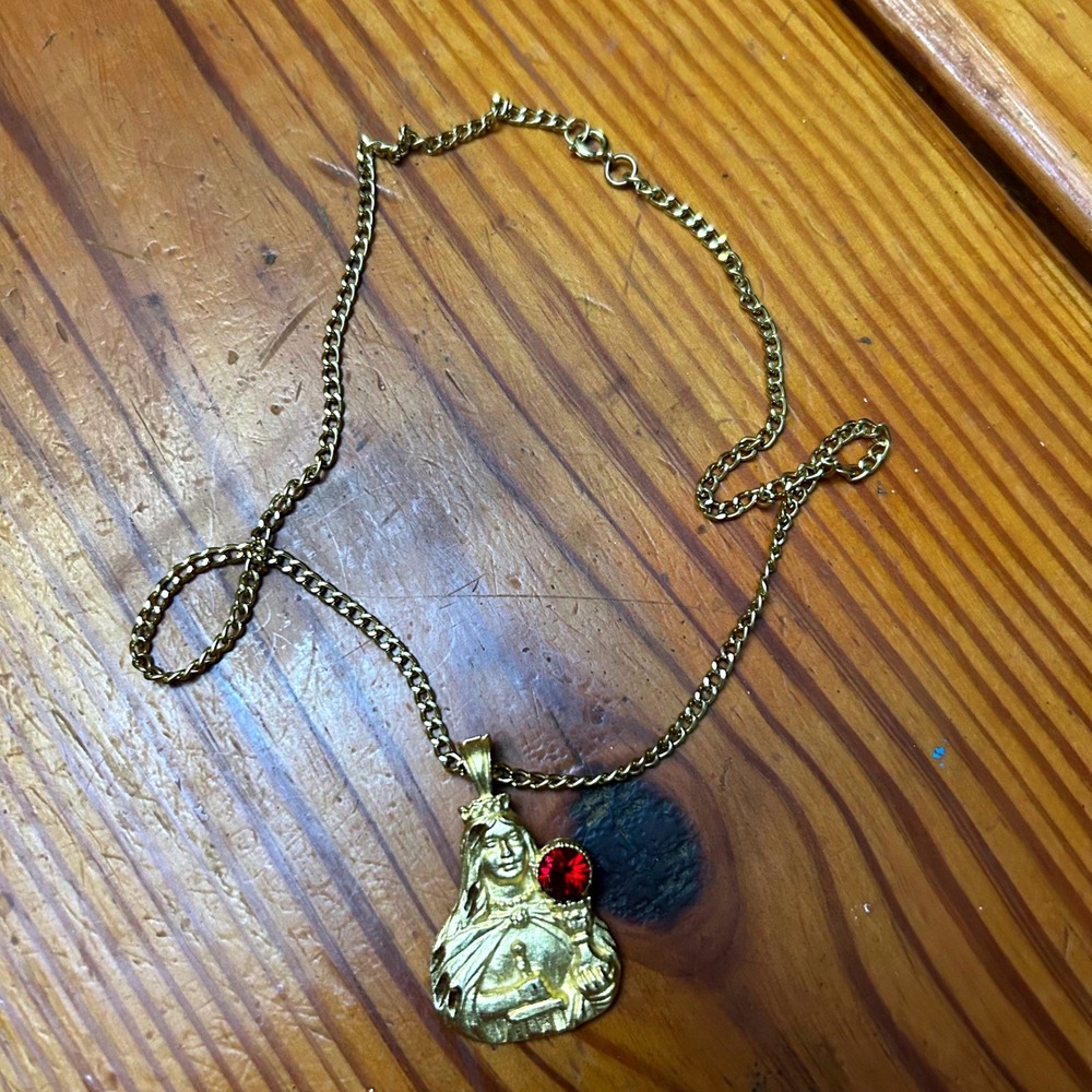 Vintage Gold Tone Religious Saint Pendant Necklace Ruby Red Rhinestone 18 Inch